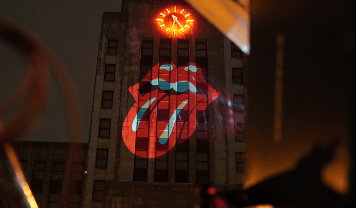 Rolling Stones Logo Projected on Building to Announce their world tour